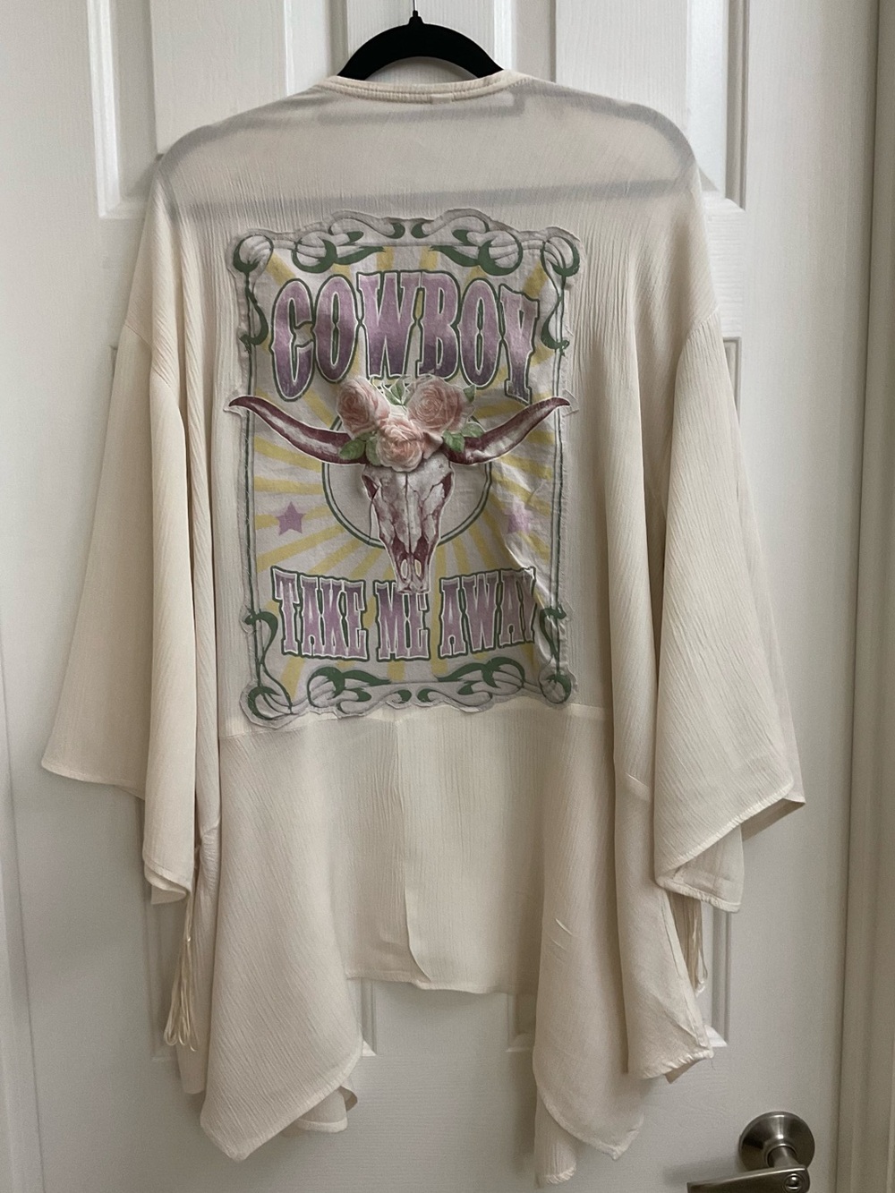 Upcycled Rayon Kimono With Fringe and Graphics One Size